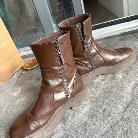 Zara Brown Leather Platform Ankle Boots - Picture 3 of 4